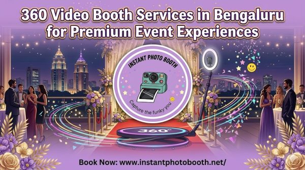 A promotional banner for 360 video booth services in Bengaluru featuring an illustrated rooftop evening event with a red carpet, guests in formal wear, a 360-degree rotating camera platform, and a central logo for Instant Photo Booth.