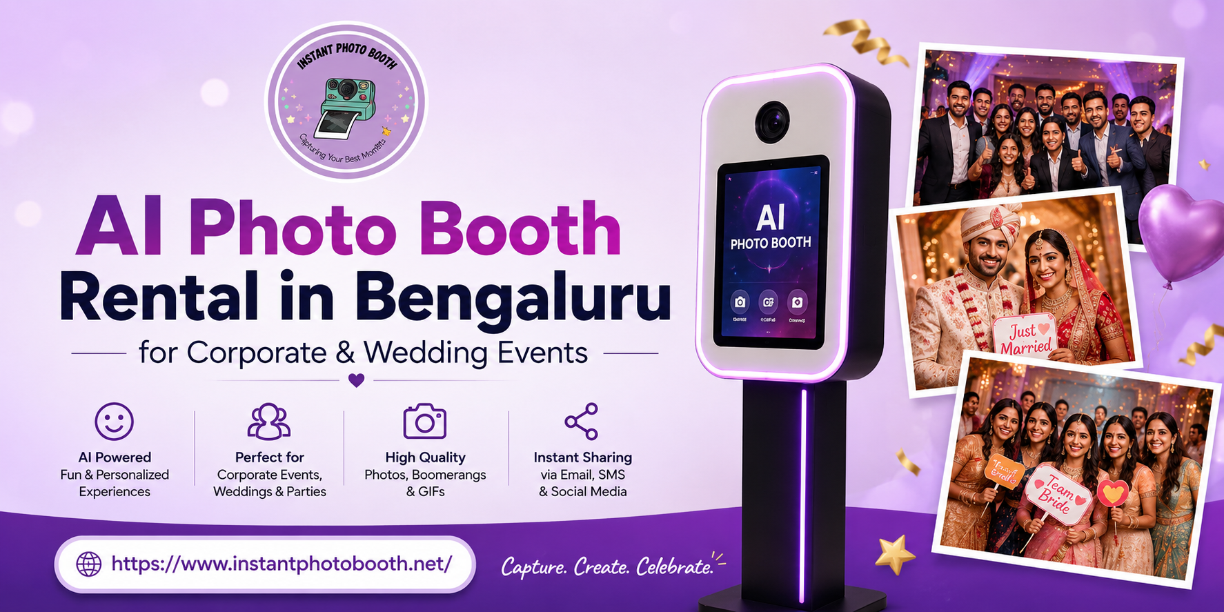 Promotional banner for Instant Photo Booth featuring AI Photo Booth Rental in Bengaluru for corporate events, weddings, and parties with modern AI booth visuals, wedding and corporate photos, and website link.