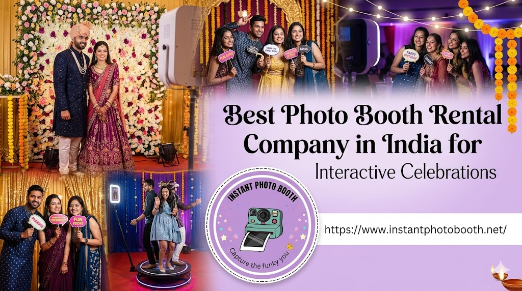 A promotional banner for 360 video booth services in Bengaluru featuring an illustrated rooftop evening event with a red carpet, guests in formal wear, a 360-degree rotating camera platform, and a central logo for Instant Photo Booth.
