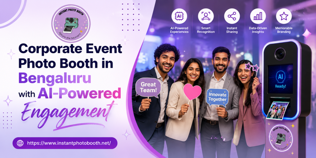 People enjoying an AI-powered corporate photo booth experience at an event in Bengaluru