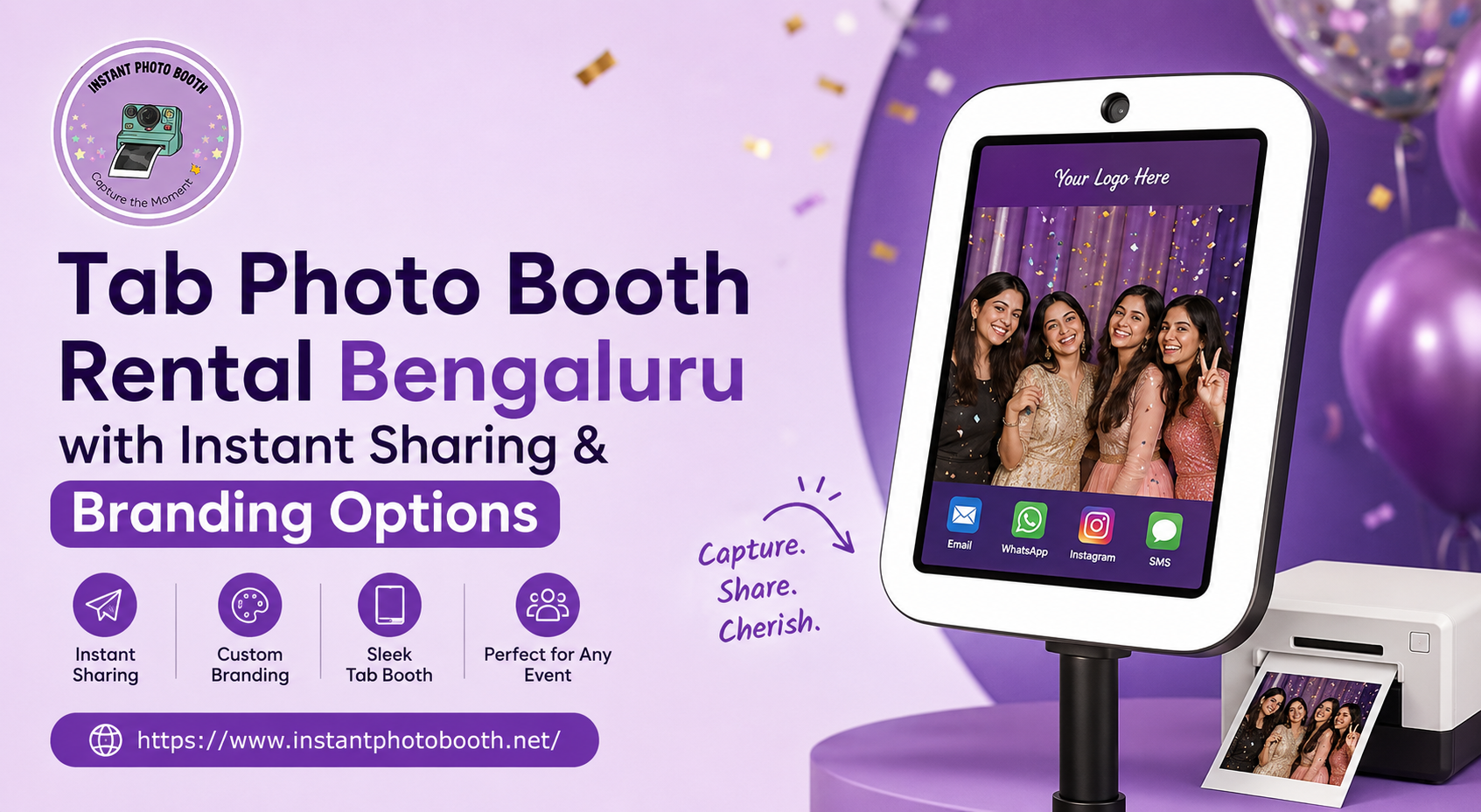 Tab Photo Booth Rental Bengaluru banner by Instant Photo Booth featuring instant sharing, custom branding options, and a modern tablet photo booth setup for events.