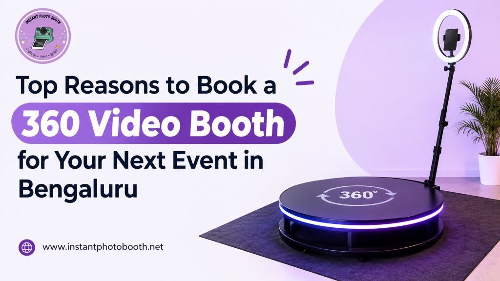 360 Video Booth setup at an event in Bengaluru with guests posing on the rotating platform